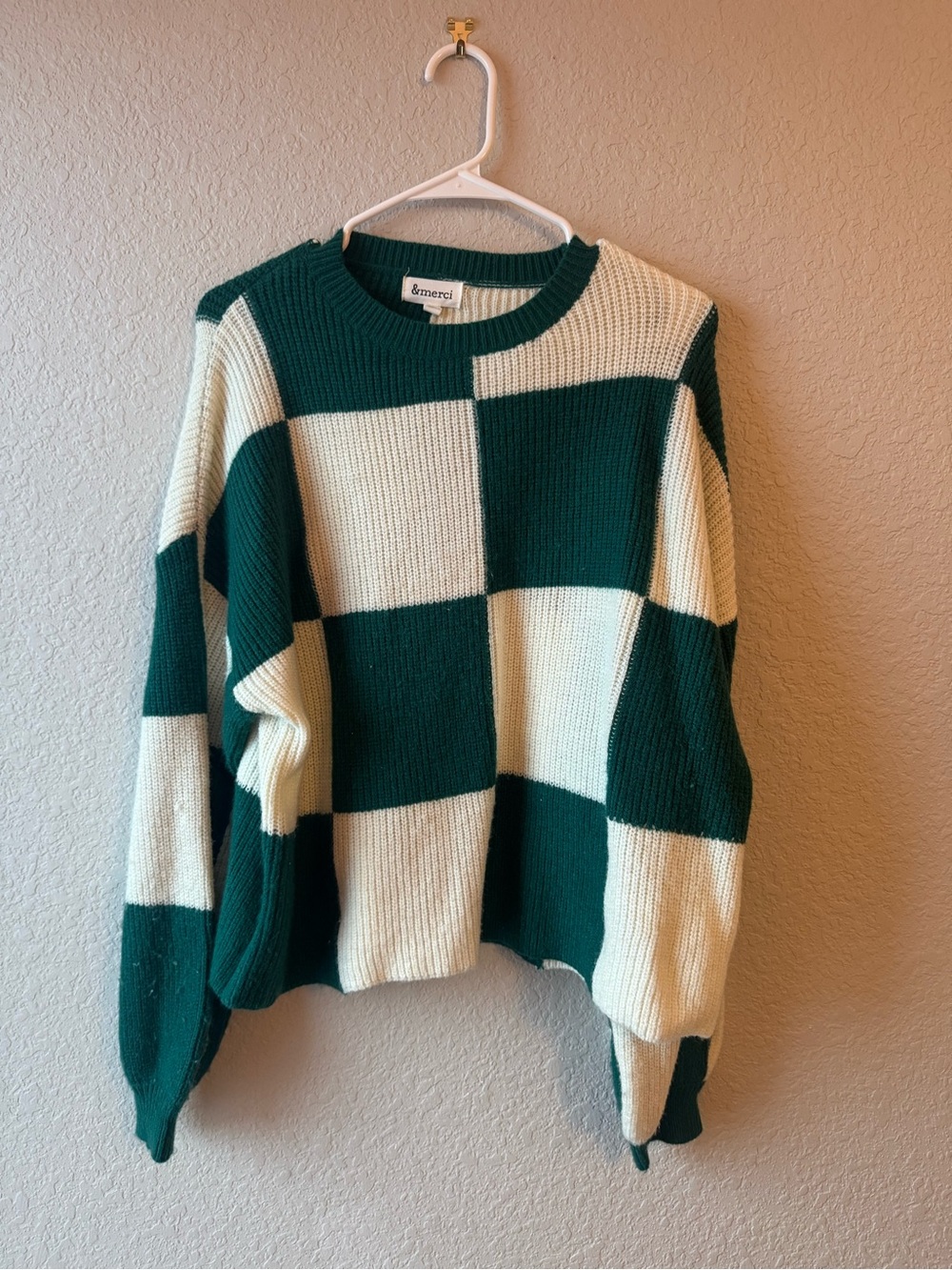 Merci Green and Cream Checkerboard Crew Sweater